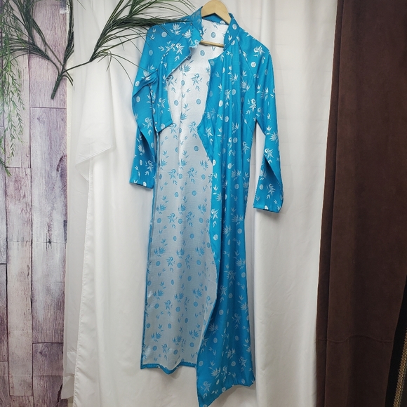 Aqua Blue and Silver Floral Cheongasm Maxi Long Sleeve Dress - Picture 12 of 15